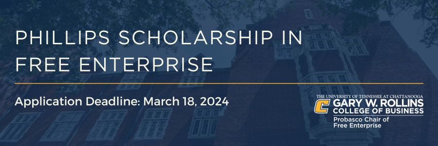 Phillips Scholarship in Free Enterprise title with image of Fletcher Hall building in the background