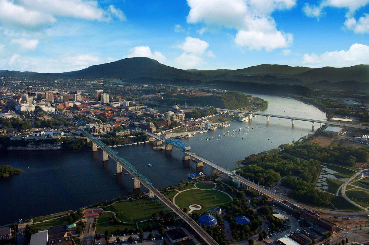 View of bridges crossing river in Downtown Chattanooga