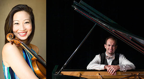 Violin and Piano Woman smiling with violin split image with man at piano