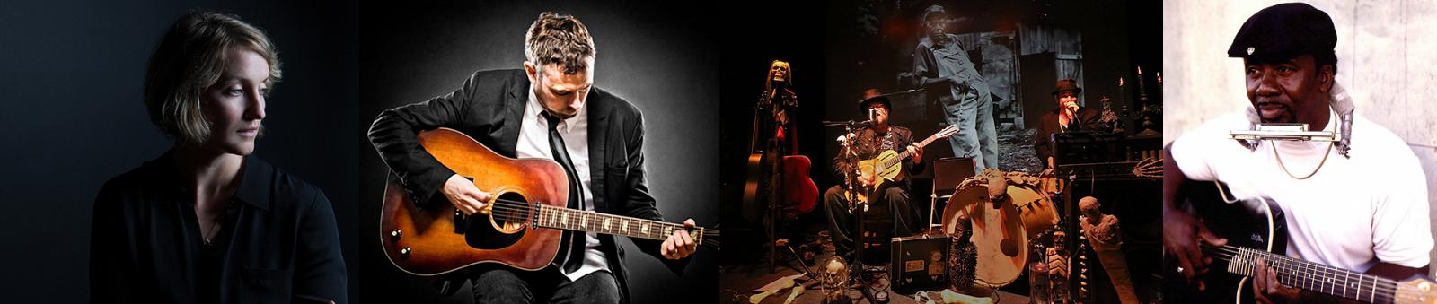 Collage of musicians playing guitar and singing