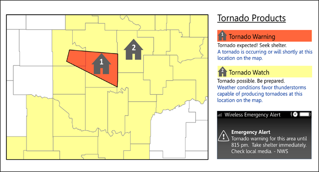 Tornado Map example Tornado map with orange depicting warning and yellow depicting watch