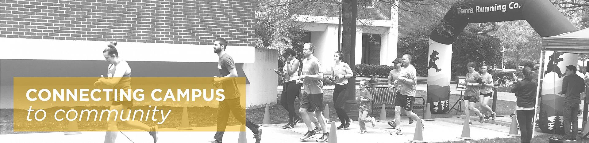 MLK 5K Promotional poster "Connecting campus to community" runners across finish line