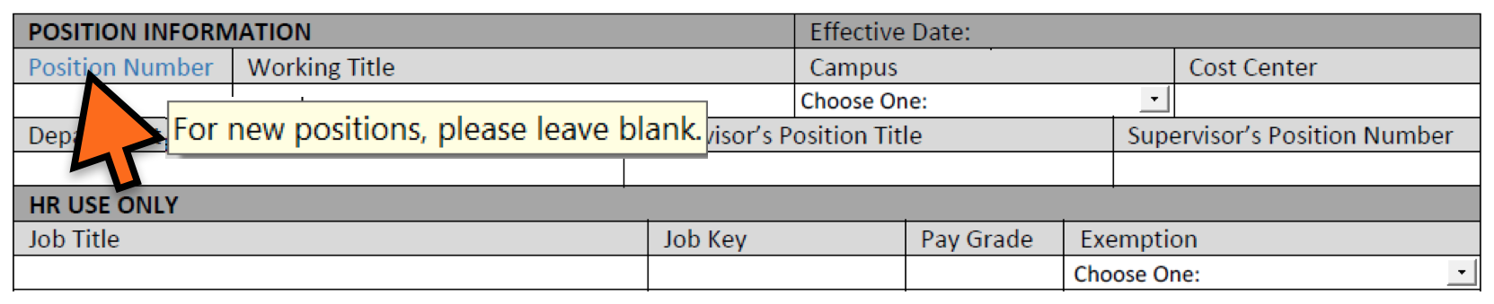 Screenshot of Position Description form. Tooltip reads: For new positions please leave blank 