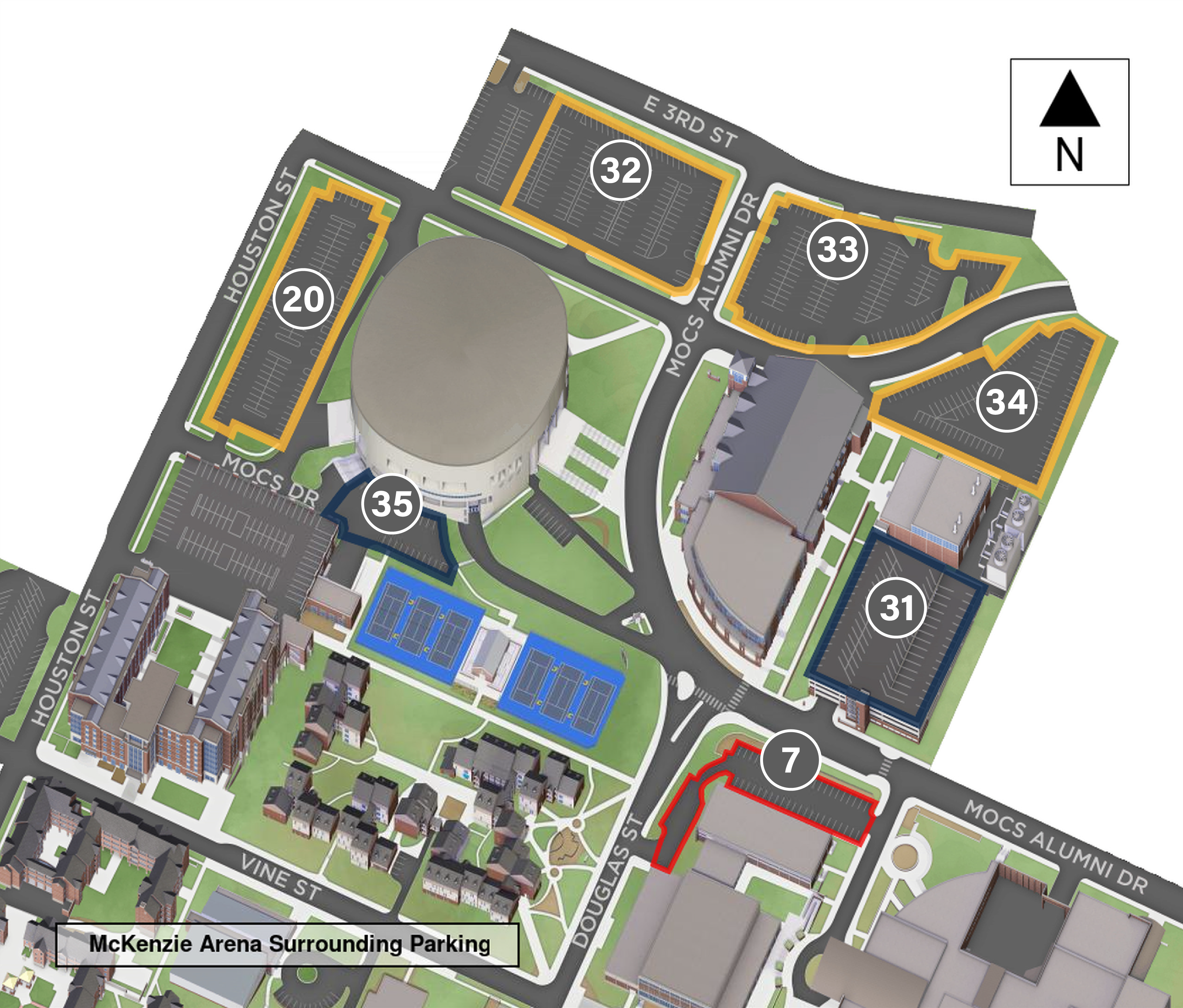 Parking Lots Available at McKenzie Arena Events (Aug. 2020) Graphic showing parking lots used for events at McKenzie Arena