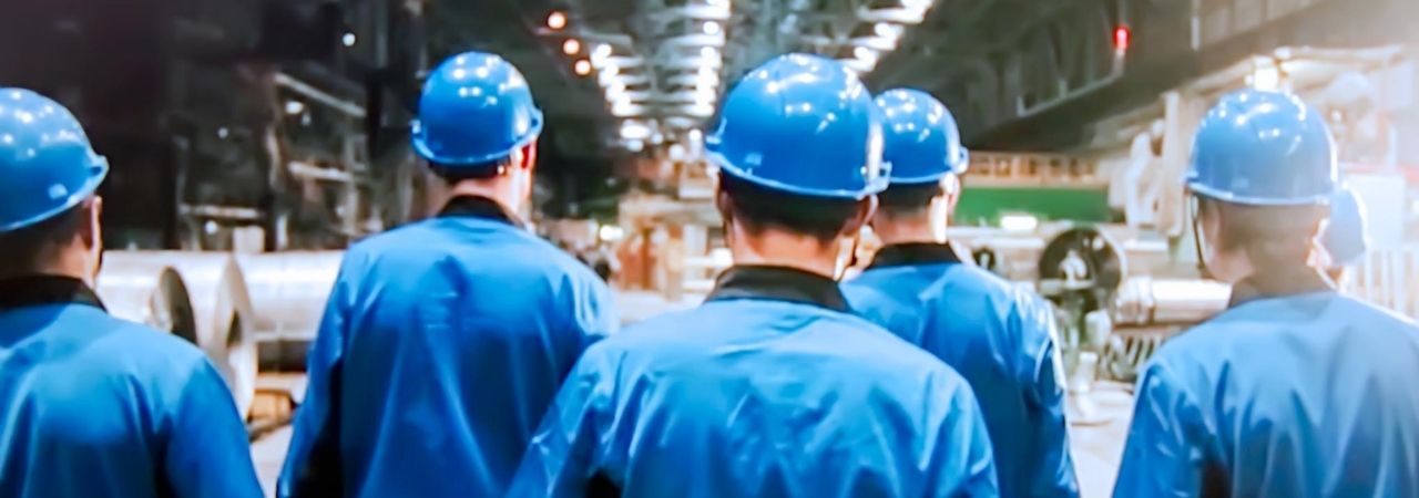 A group of employees walking in a factory