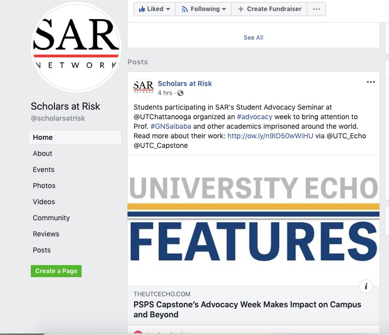 Scholars at Risk’s Facebook Page recognizes the work done by UTC students in PSPS 4000