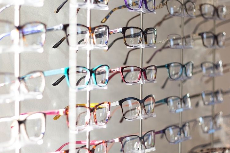 A display of several different eyeglasses