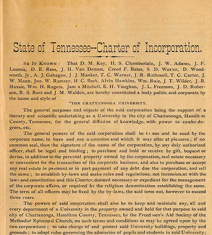 Source: University of Chattanooga Charter of Incorporation, University Archives