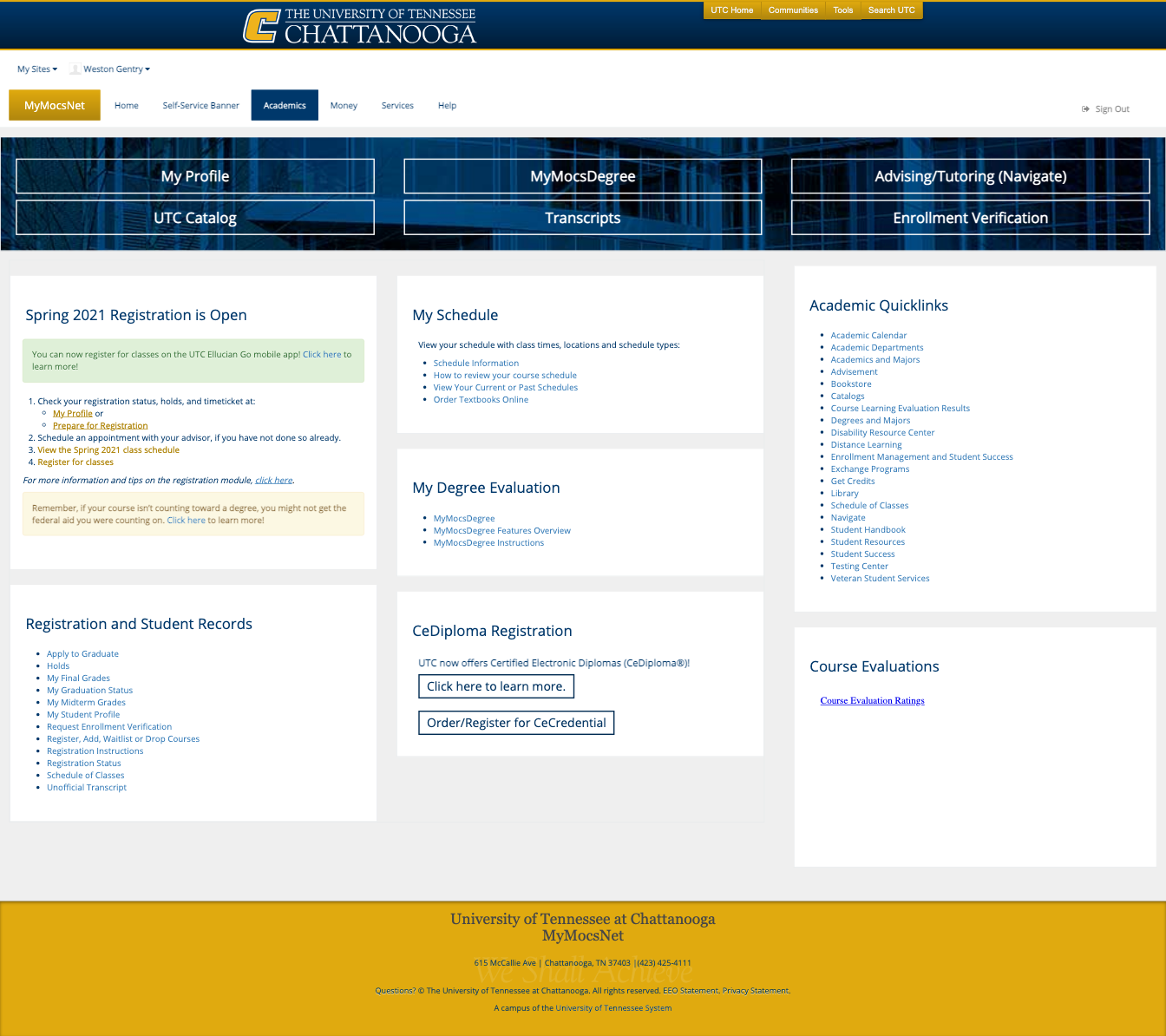 Current Students MyMocsNet Screenshot Academics