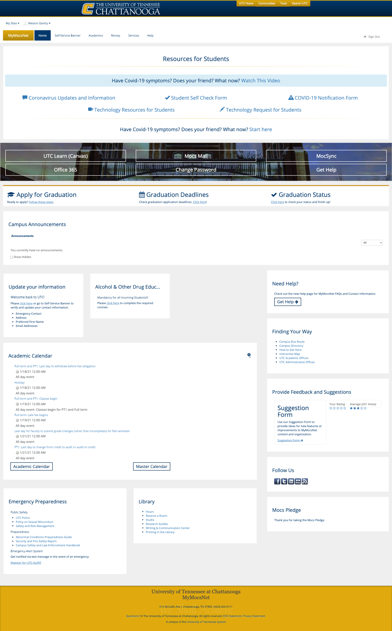 Current Students MyMocsNet Screenshot Home (Approaching Graduation)
