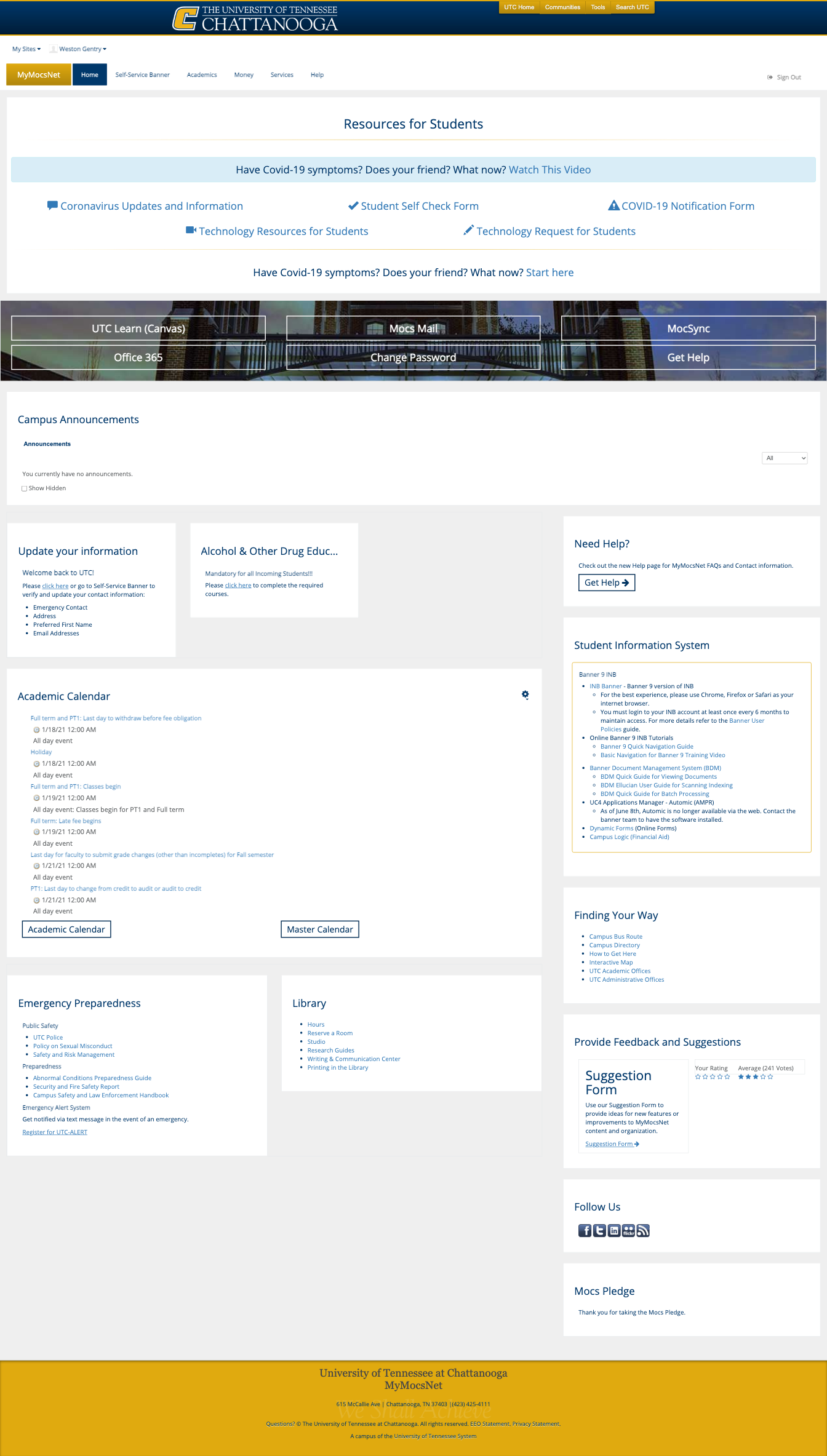 Current Students MyMocsNet Screenshot Home
