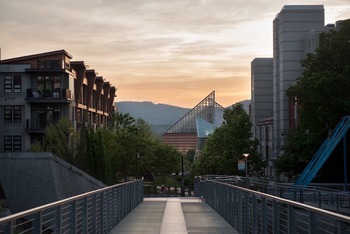 Bridge by Aquarium Bridge near Hunter leading to Aquarium at sunset