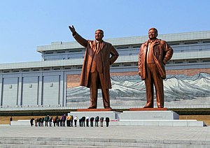 The Mansu Hill Grand Monument statues of Kim Il-sung and Kim Jong-il in North Korea