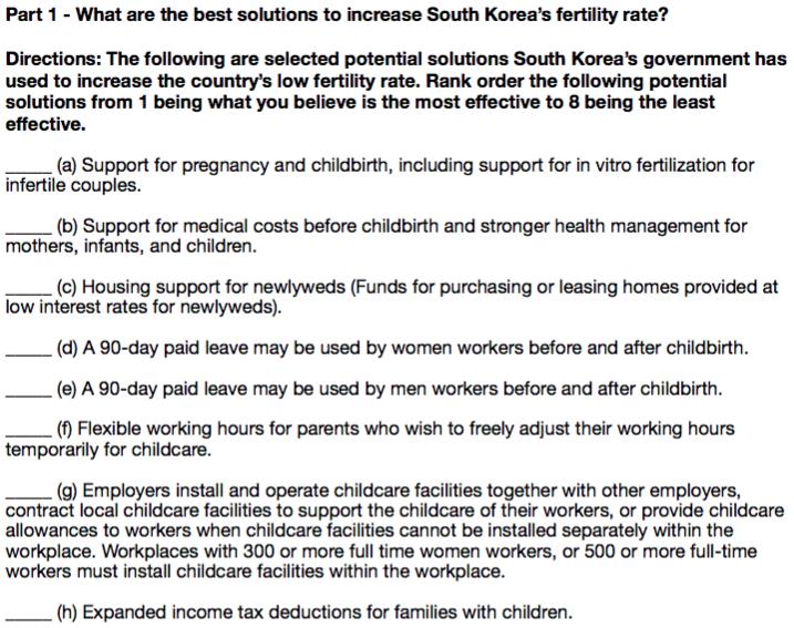 Slide No. 70 from PowerPoint: What are the best solutions to increase South Korea’s fertility rate?
