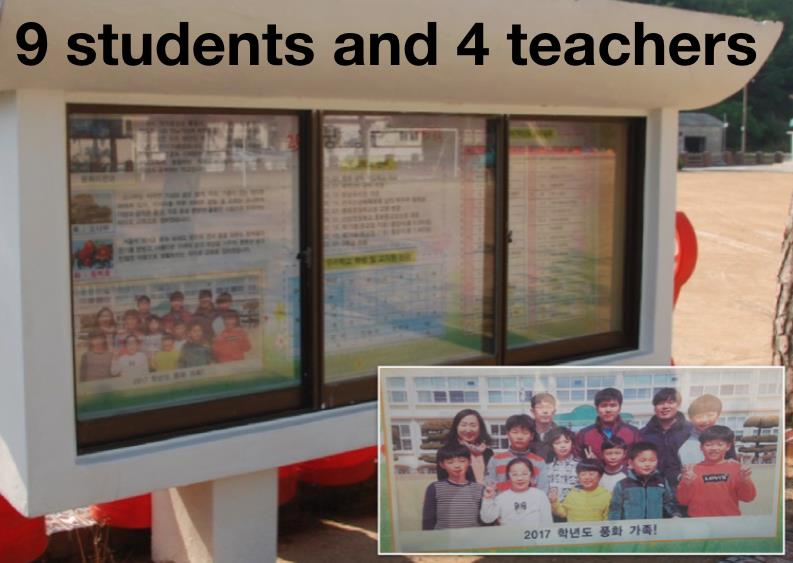 School sign with photo of all students and teachers.