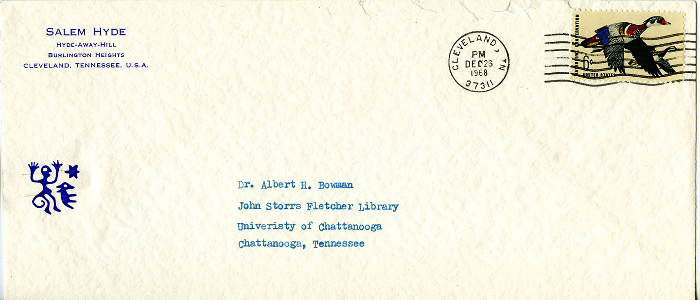 Envelope with a stamp of a blue man, blue animal, and blue star. Sent from Salem Hyde to Dr. Albert H. Bowman. It is stamped with the date December 25, 1968.