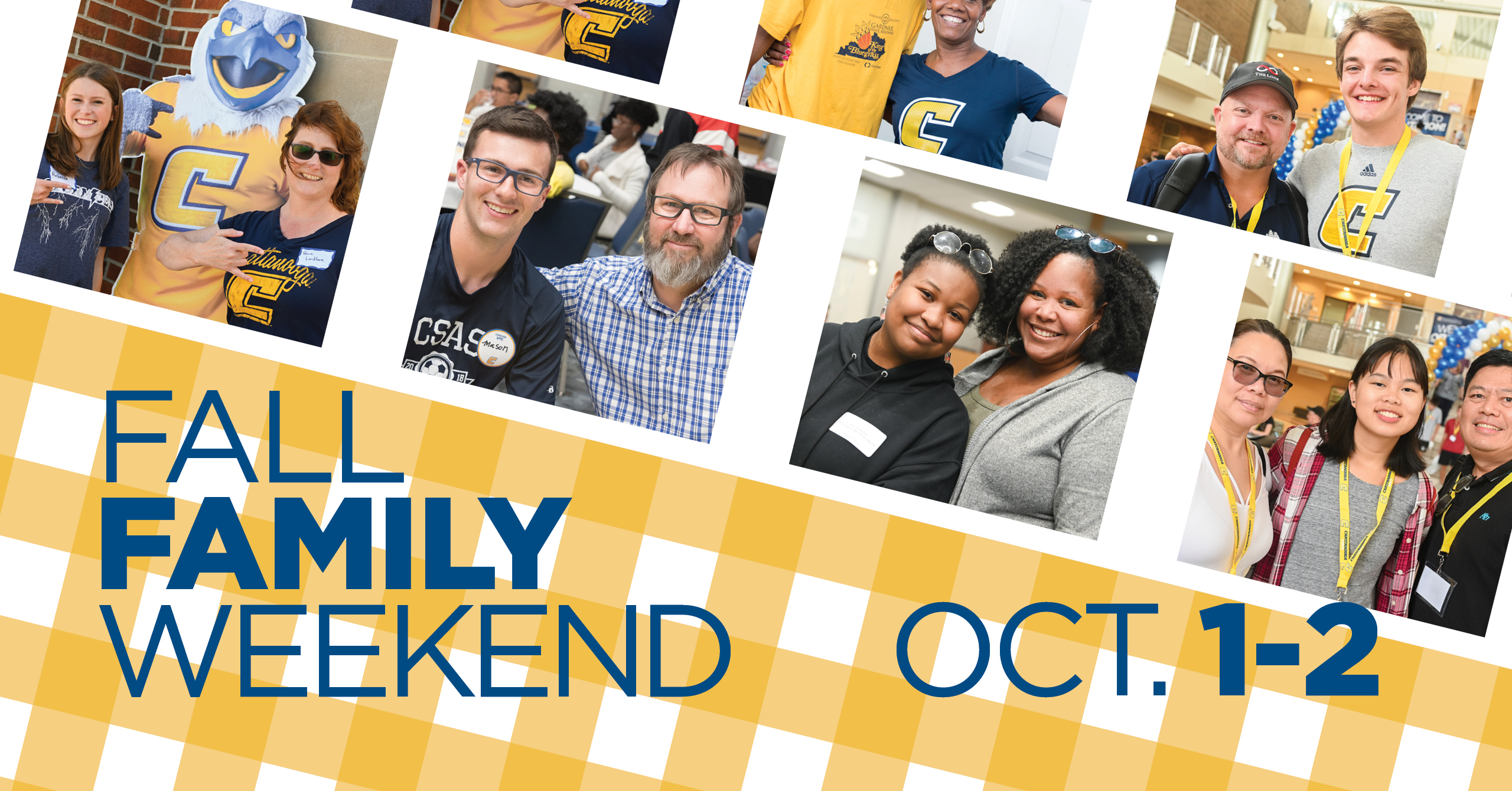 Fall Family Weekend Oct. 1-2. Picture features a yellow gingham print with multiple photos of UTC families.