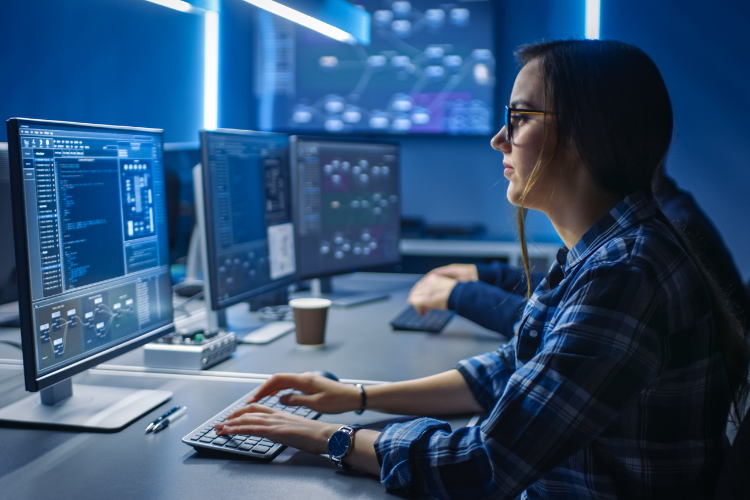IT Female Professional Working at Computer Stock Photo
