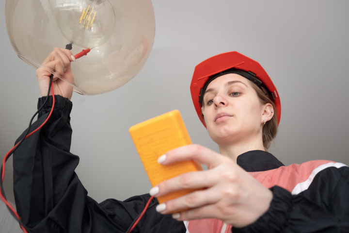 female electrician working with wires