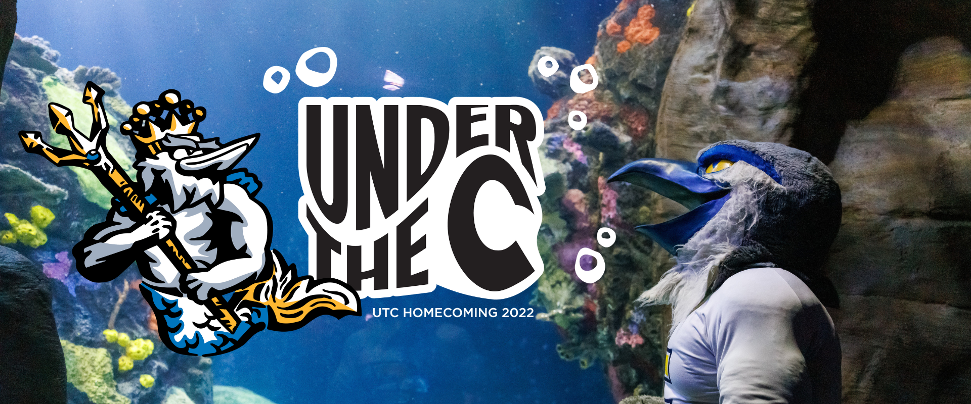 Homecoming 2022 Web Art Picture of Scrappy looking a large tank of fish with Homecoming 2022 logo.