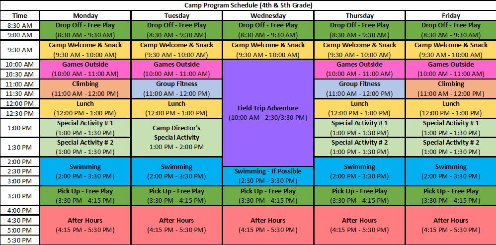 Mocs Adventure Camp - 4th & 5th Grade Weekly Schedule - Summer 2023