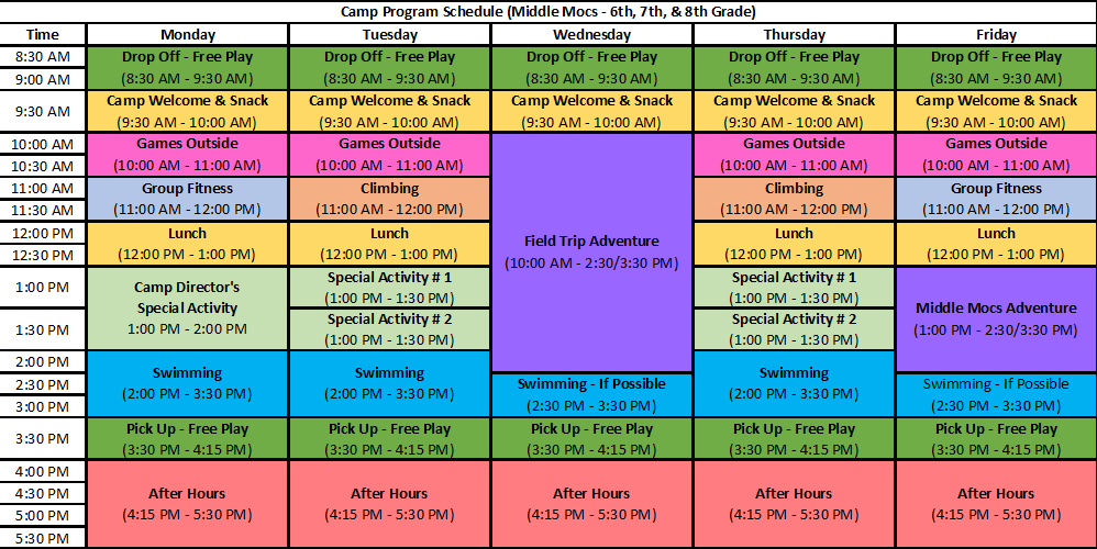 Mocs Adventure Camp - Middle Mocs (6th, 7th, & 8th Grade) Weekly Schedule - Summer 2023