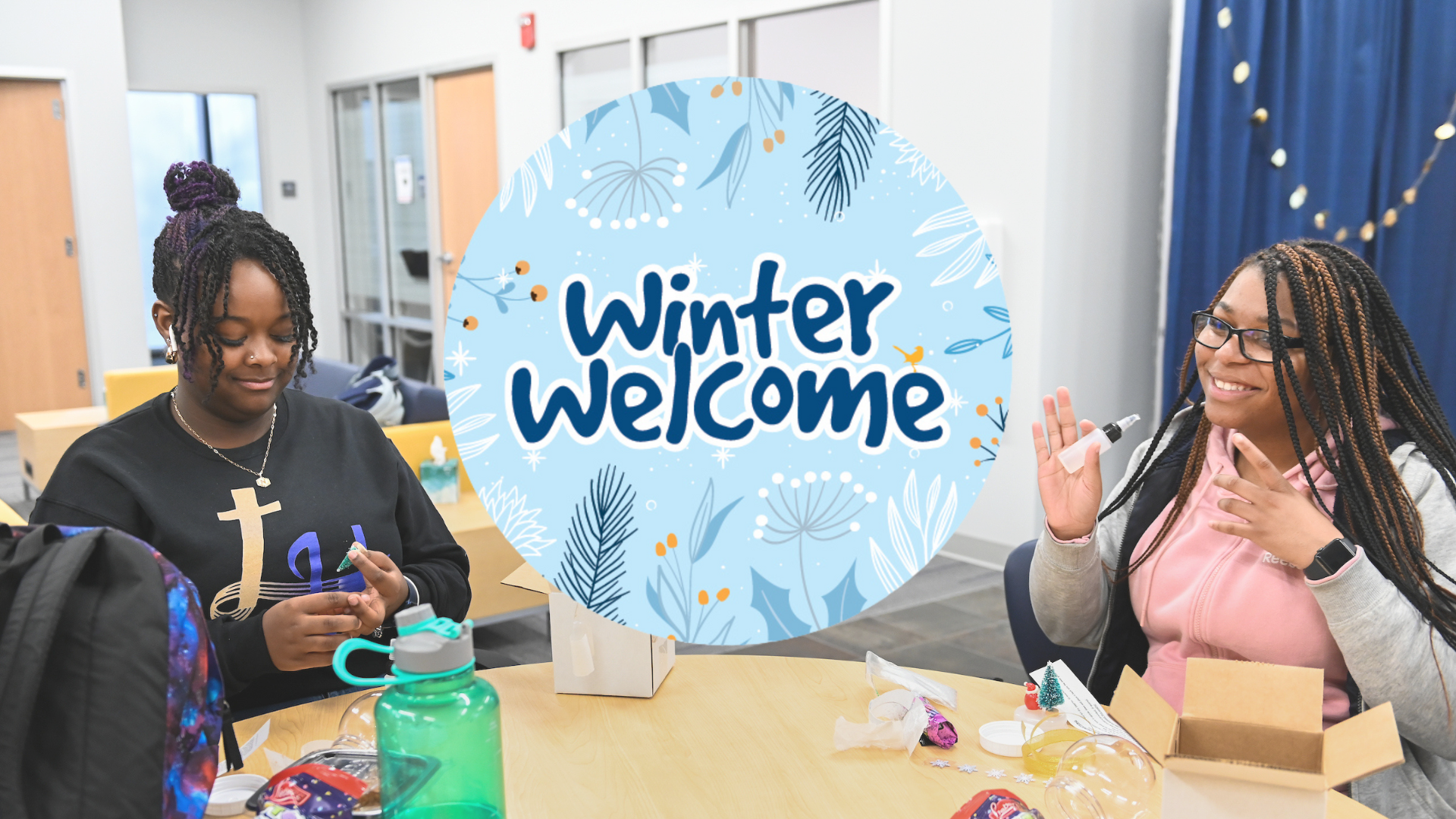 Winter Welcome Web Picture Winter Welcome on a blue background with small outlines images of snowflakes, hats, socks, and other winter related items