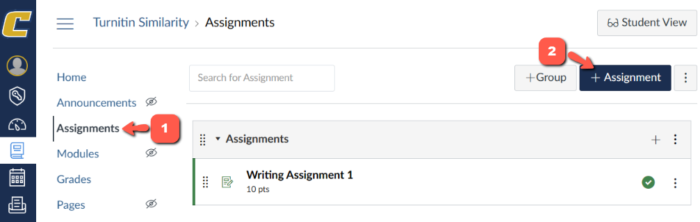 Screenshot showing Canvas teacher layout, highlighting assignments tool link, and new assignment button.