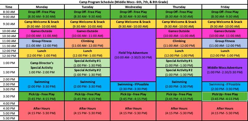 Mocs Adventure Camp - Middle Mocs Schedule - 2023 - Revised