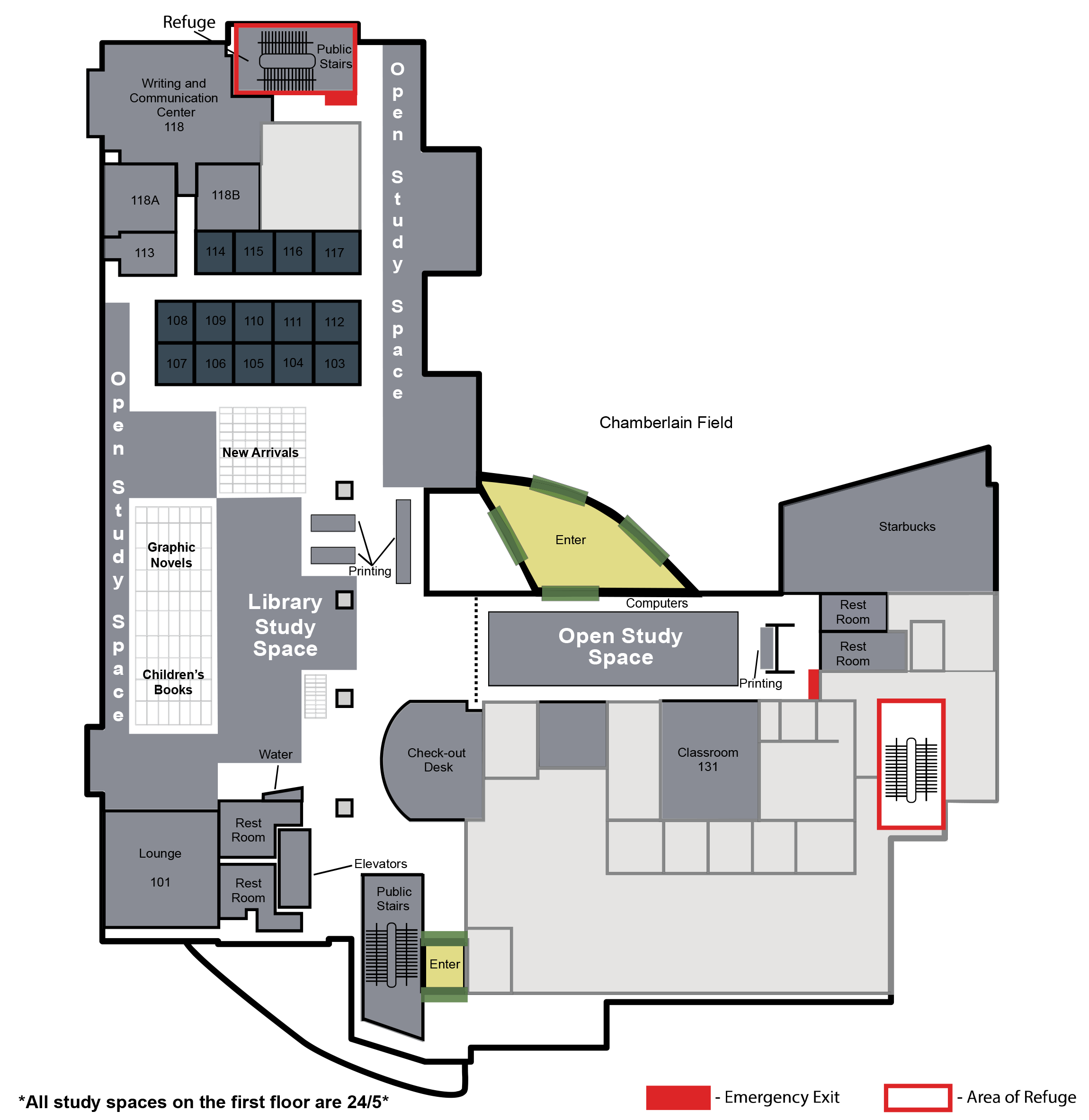 A map of the first floor of the library