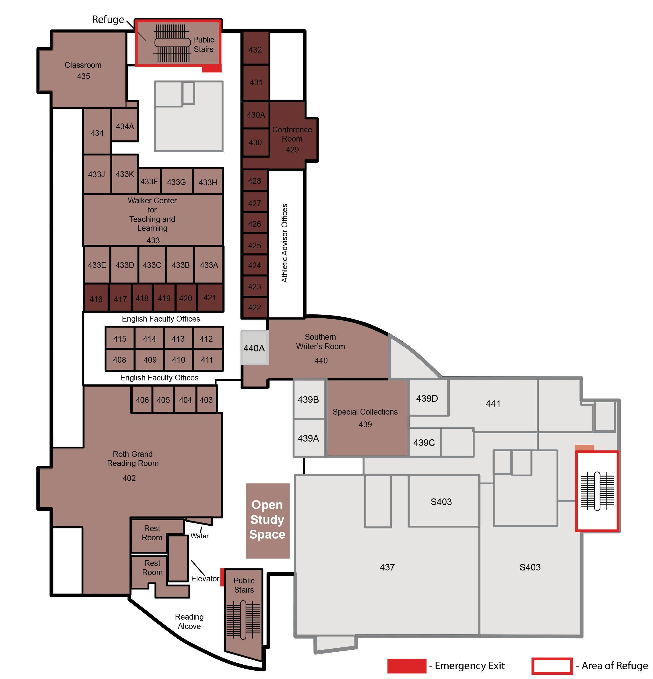 A map of the fourth floor of the library