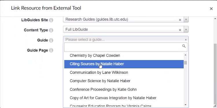 Screenshot of the UTC Library Course Guide option in external tools