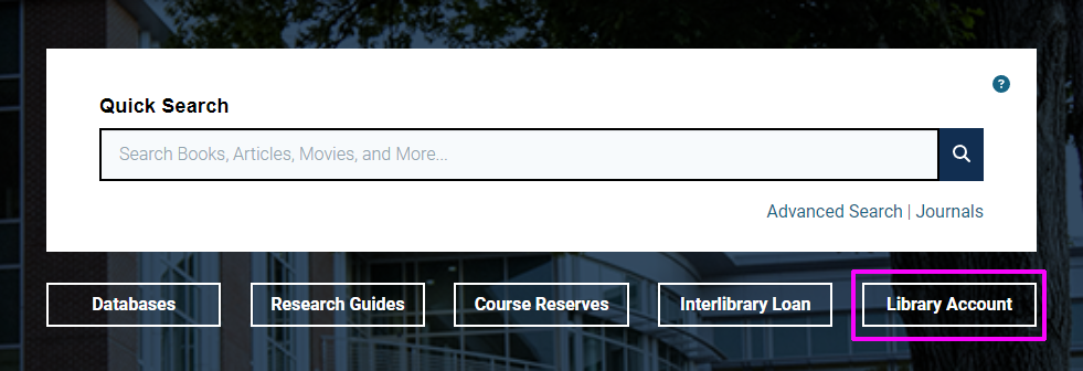 Screenshot of the Library Account button which logs you into the catalog.