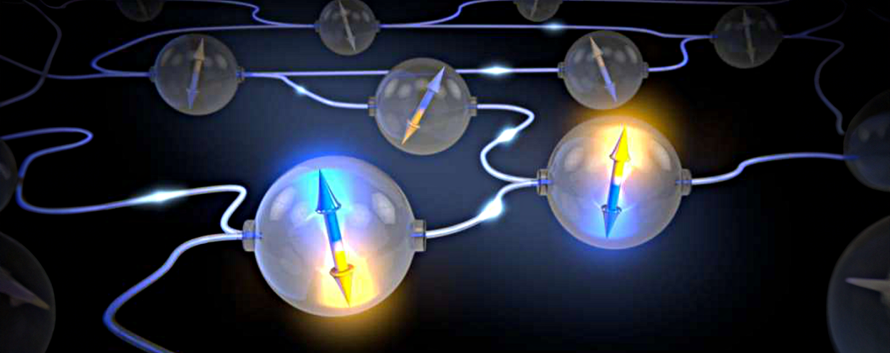 Qubits entangled over long distances will form the quantum network of the future.  Source: https://www.aps.org/publications/apsnews/201911/qubits.cfm