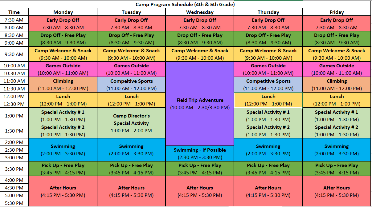 Mocs Adventure Camp - 4/5 Daily Schedule - Summer 2024