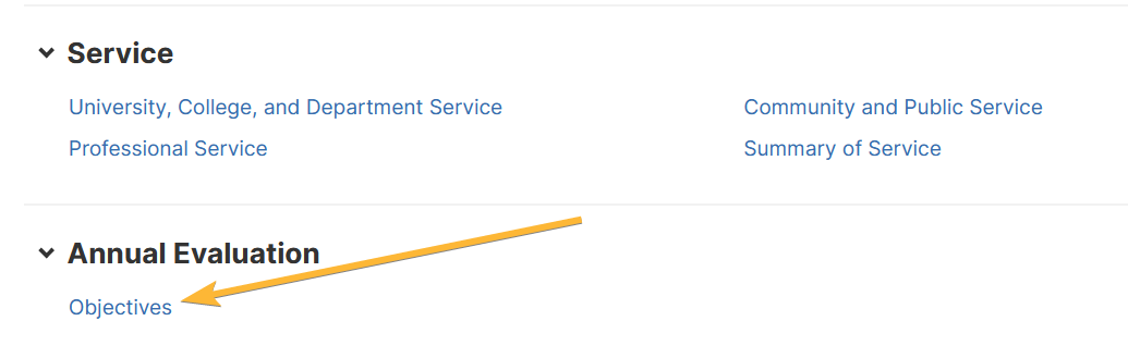 Digital Measures Activities page has a hyperlink under the "Annual Evaulation" section labeled "Objectives"