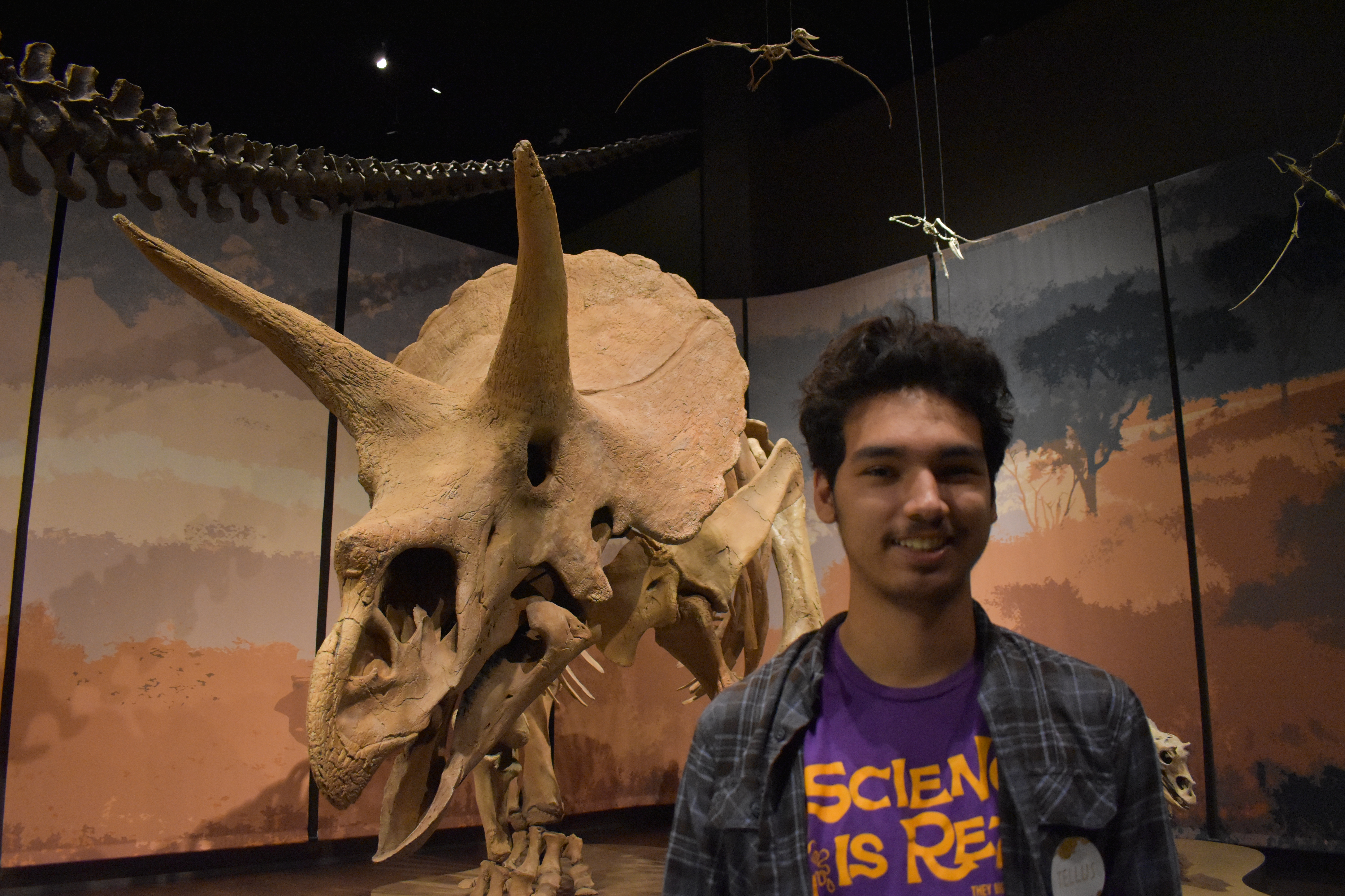 Student posing with Triceratops skeleton at Tellus Museum