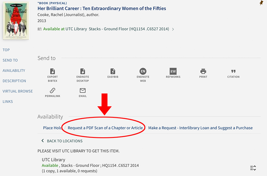 Screenshot showing the "Request a PDF scan of a Chapter or Article" link on the item page 