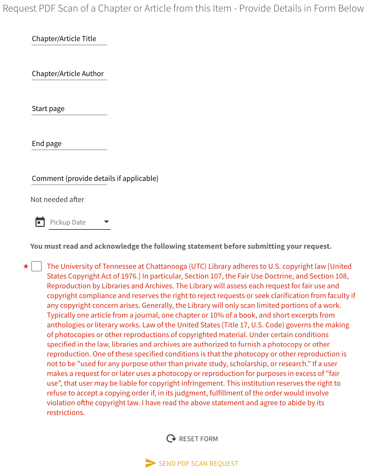Screenshot showing the Request PDF Scan form