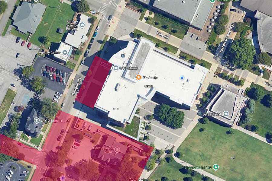 An arial photo of the UTC Library showing construction areas is red.