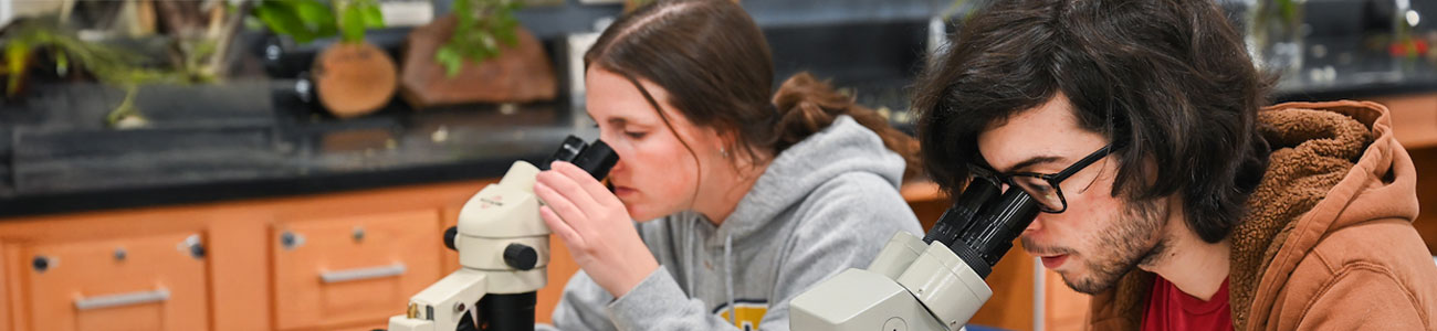Two UTC students looking into microscopes