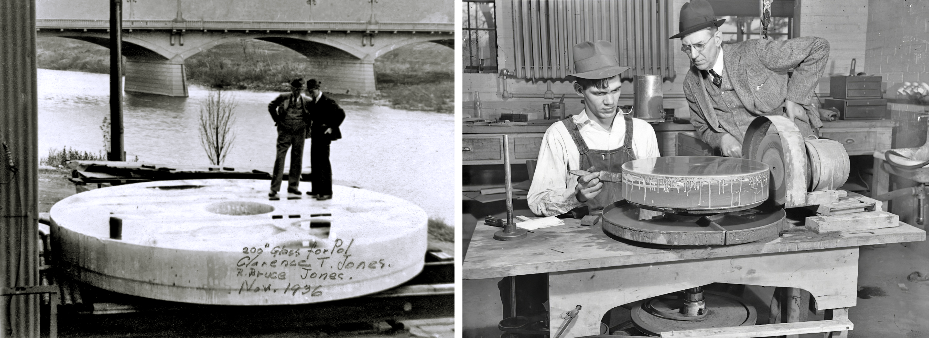 Clarence T. Jones and son Bruce Jones standing on the first Pyrex test blank