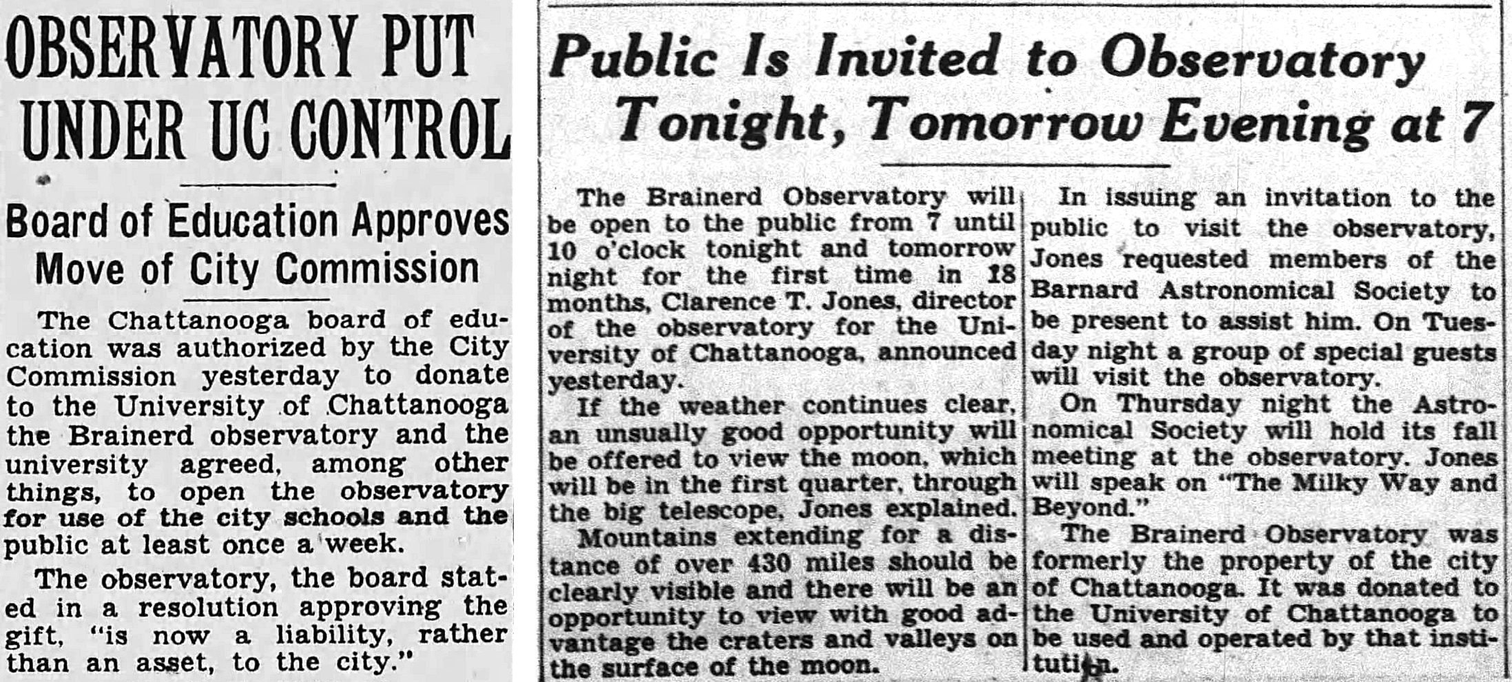 Chattanooga Daily Times articles regarding transfer of observatory to the University of Chattanooga (May 24, 1944 and September 25, 1944) 
