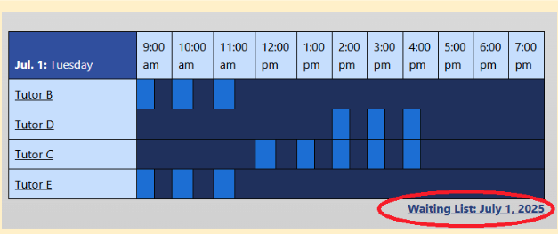Screenshot of the reservation software and the location of the wait list link