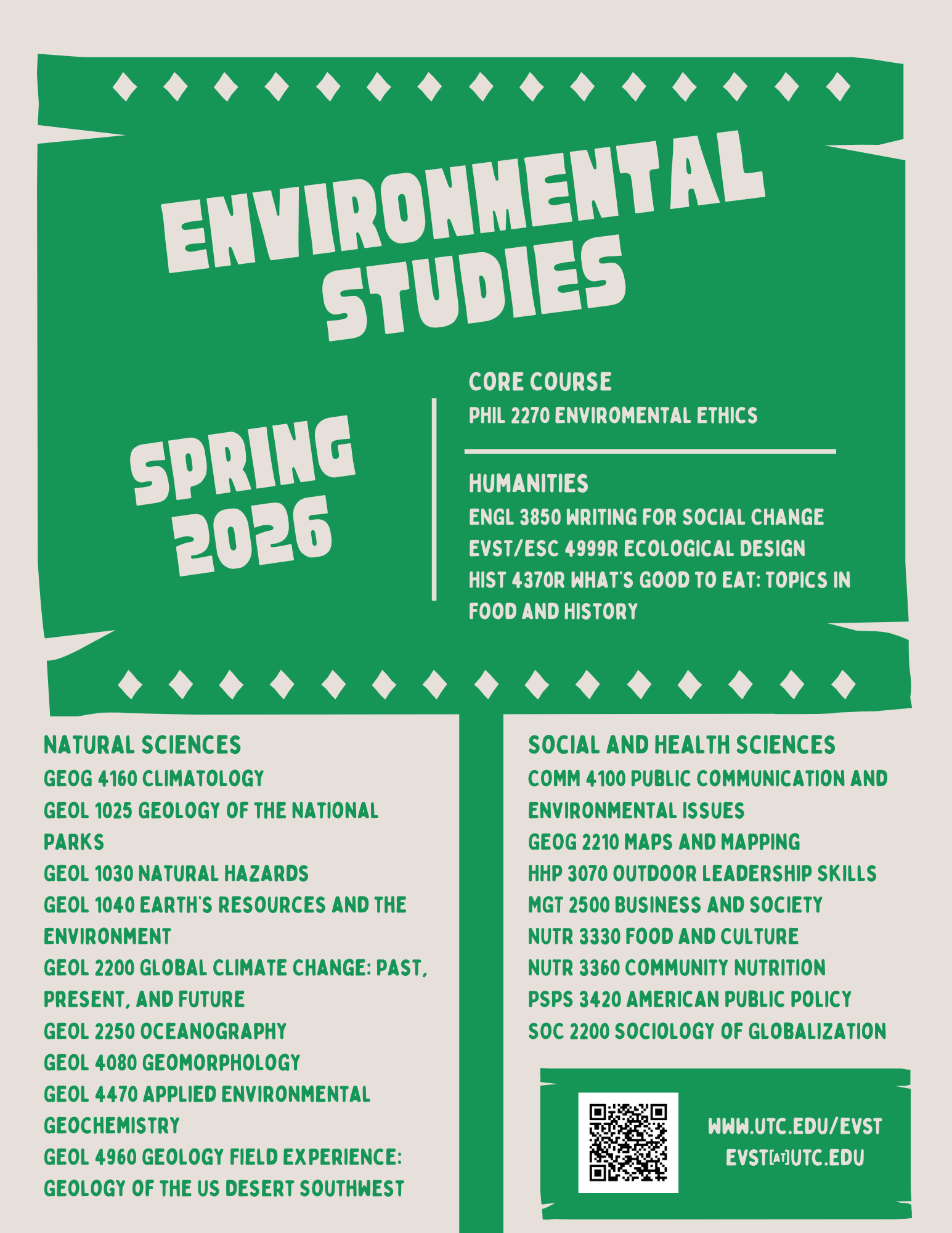 Course list for Environmental Studies spring 2026