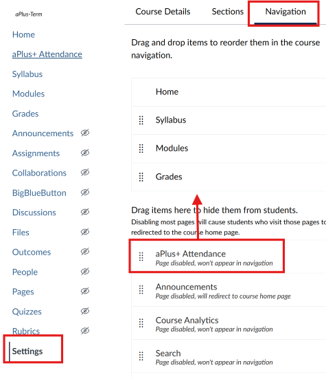 A screenshot showing how to add the aPlus+ Attendance link to course navigation
