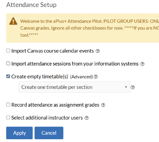 Attendance setup checkboxes