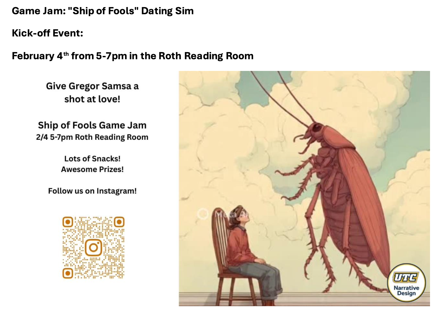 Black font on white text describing details of Game Jam.