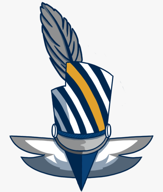 Marching hat with wings behind it.