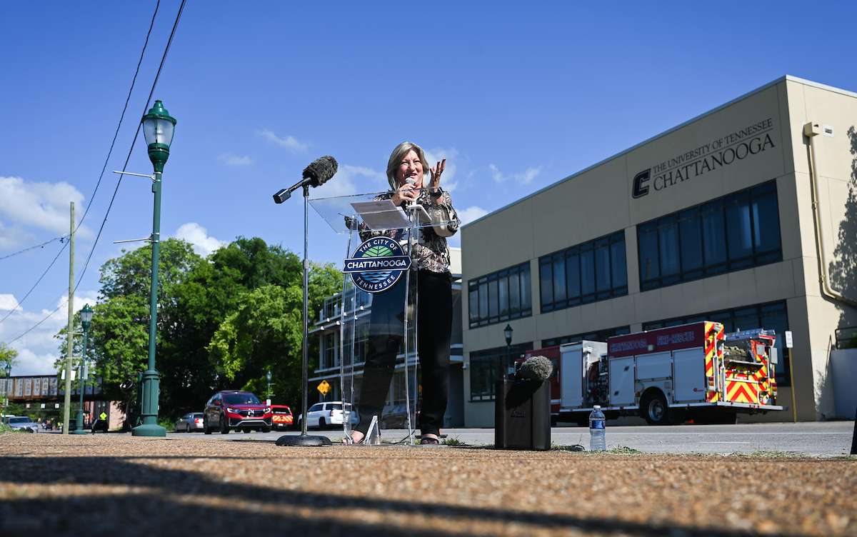 Chancellor Bruce giving remarks at a SMART grant press conference for CUIP